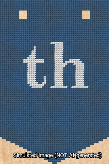 A simulated image of the stitched needlepoint design: Banner 13m Pointed th White on Blue. Not A.I. generated.