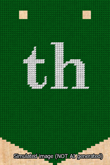 A simulated image of the stitched needlepoint design: Banner 13m Pointed th White on Green. Not A.I. generated.