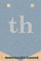 A simulated image of the stitched needlepoint design: Banner 13m Pointed th White on Light Blue. Not A.I. generated.