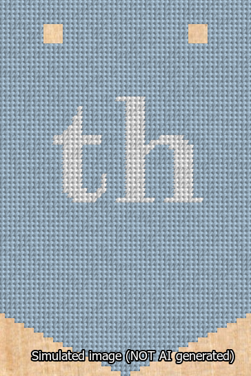A simulated image of the stitched needlepoint design: Banner 13m Pointed th White on Light Blue. Not A.I. generated.