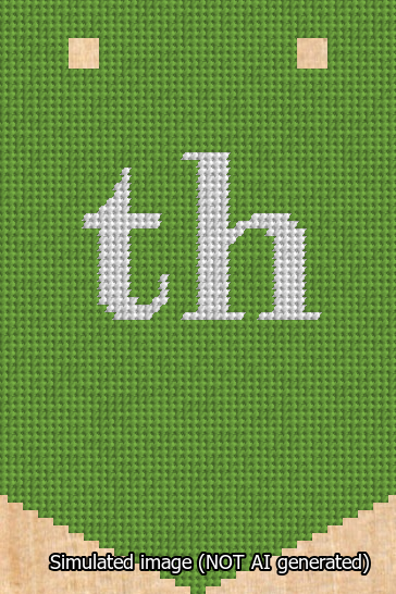 A simulated image of the stitched needlepoint design: Banner 13m Pointed th White on Light Green. Not A.I. generated.