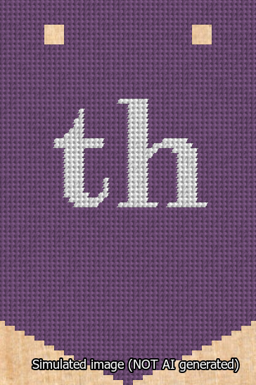 A simulated image of the stitched needlepoint design: Banner 13m Pointed th White on Purple. Not A.I. generated.