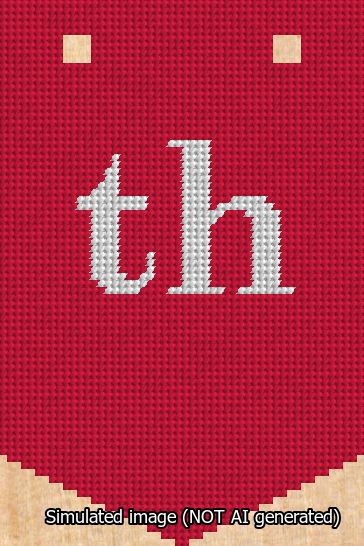 A simulated image of the stitched needlepoint design: Banner 13m Pointed th White on Red. Not A.I. generated.