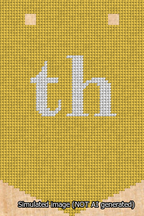 A simulated image of the stitched needlepoint design: Banner 13m Pointed th White on Yellow. Not A.I. generated.