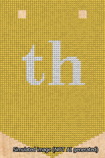 A simulated image of the stitched needlepoint design: Banner 13m Pointed th White on Yellow. Not A.I. generated.
