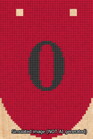 A simulated image of the stitched needlepoint design: Banner 13m Rounded 0 Black on Red. Not A.I. generated.