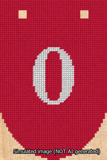 A simulated image of the stitched needlepoint design: Banner 13m Rounded 0 White on Red. Not A.I. generated.