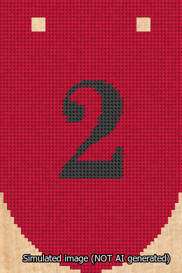 A simulated image of the stitched needlepoint design: Banner 13m Rounded 2 Black on Red. Not A.I. generated.