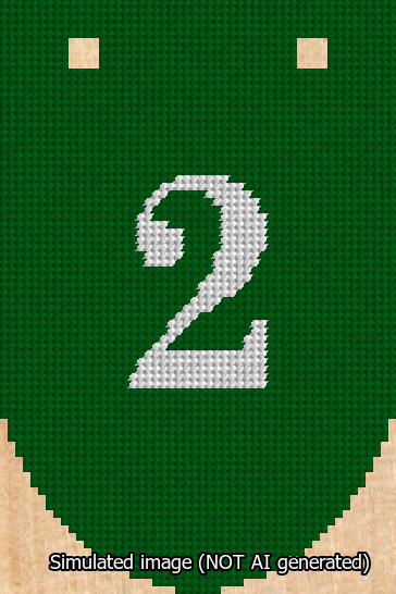A simulated image of the stitched needlepoint design: Banner 13m Rounded 2 White on Green. Not A.I. generated.
