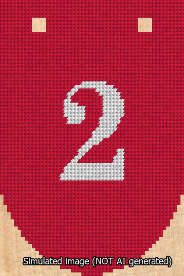 A simulated image of the stitched needlepoint design: Banner 13m Rounded 2 White on Red. Not A.I. generated.