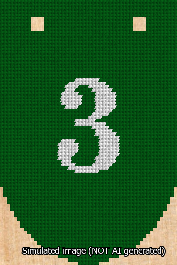A simulated image of the stitched needlepoint design: Banner 13m Rounded 3 White on Green. Not A.I. generated.