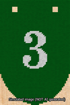 A simulated image of the stitched needlepoint design: Banner 13m Rounded 3 White on Green. Not A.I. generated.