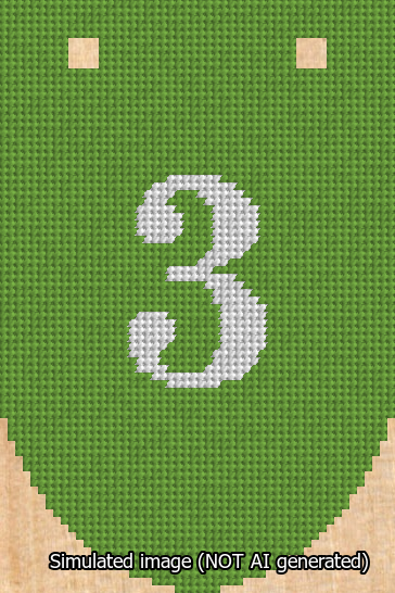 A simulated image of the stitched needlepoint design: Banner 13m Rounded 3 White on Light Green. Not A.I. generated.