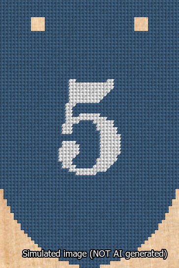 A simulated image of the stitched needlepoint design: Banner 13m Rounded 5 White on Blue. Not A.I. generated.