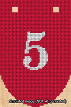 A simulated image of the stitched needlepoint design: Banner 13m Rounded 5 White on Red. Not A.I. generated.