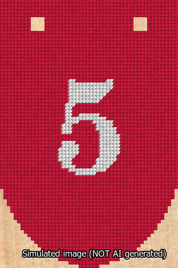 A simulated image of the stitched needlepoint design: Banner 13m Rounded 5 White on Red. Not A.I. generated.