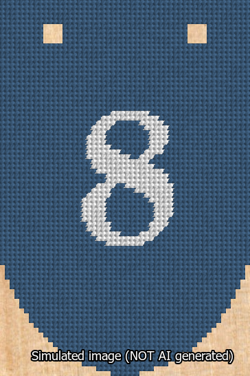 A simulated image of the stitched needlepoint design: Banner 13m Rounded 8 White on Blue. Not A.I. generated.