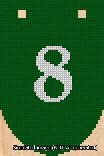 A simulated image of the stitched needlepoint design: Banner 13m Rounded 8 White on Green. Not A.I. generated.