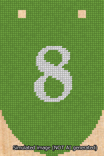A simulated image of the stitched needlepoint design: Banner 13m Rounded 8 White on Light Green. Not A.I. generated.