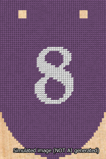 A simulated image of the stitched needlepoint design: Banner 13m Rounded 8 White on Purple. Not A.I. generated.