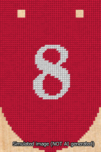 A simulated image of the stitched needlepoint design: Banner 13m Rounded 8 White on Red. Not A.I. generated.