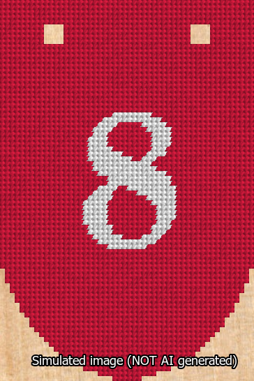 A simulated image of the stitched needlepoint design: Banner 13m Rounded 8 White on Red. Not A.I. generated.