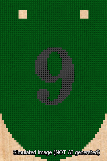 A simulated image of the stitched needlepoint design: Banner 13m Rounded 9 Black on Green. Not A.I. generated.