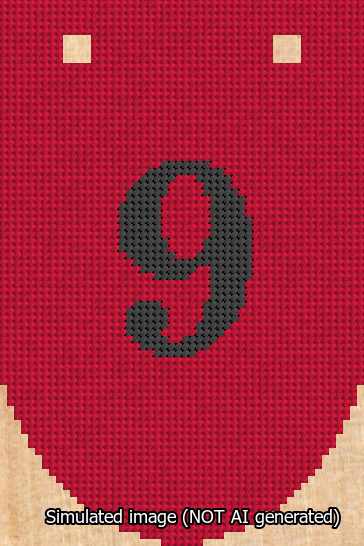 A simulated image of the stitched needlepoint design: Banner 13m Rounded 9 Black on Red. Not A.I. generated.