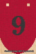 A simulated image of the stitched needlepoint design: Banner 13m Rounded 9 Black on Red. Not A.I. generated.