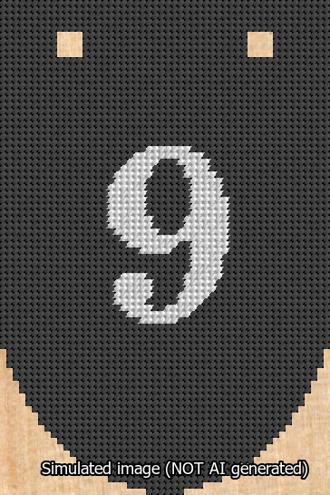 A simulated image of the stitched needlepoint design: Banner 13m Rounded 9 White on Black. Not A.I. generated.