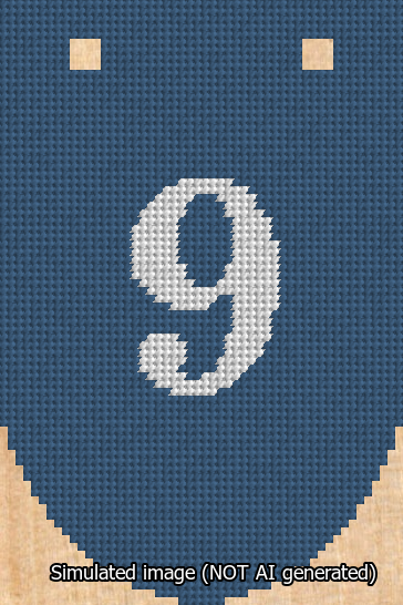 A simulated image of the stitched needlepoint design: Banner 13m Rounded 9 White on Blue. Not A.I. generated.