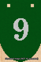 A simulated image of the stitched needlepoint design: Banner 13m Rounded 9 White on Green. Not A.I. generated.