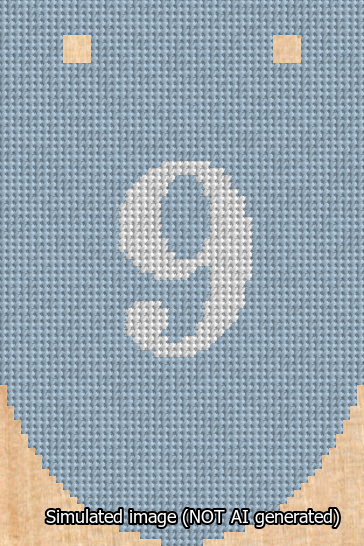 A simulated image of the stitched needlepoint design: Banner 13m Rounded 9 White on Light Blue. Not A.I. generated.