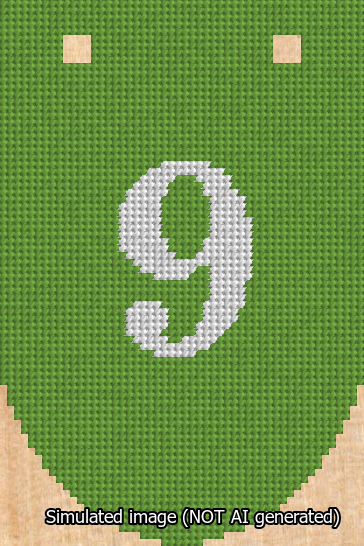 A simulated image of the stitched needlepoint design: Banner 13m Rounded 9 White on Light Green. Not A.I. generated.