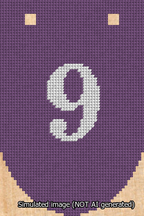 A simulated image of the stitched needlepoint design: Banner 13m Rounded 9 White on Purple. Not A.I. generated.