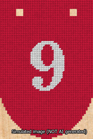 A simulated image of the stitched needlepoint design: Banner 13m Rounded 9 White on Red. Not A.I. generated.