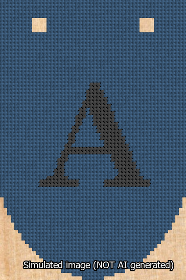 A simulated image of the stitched needlepoint design: Banner 13m Rounded A Black on Blue. Not A.I. generated.