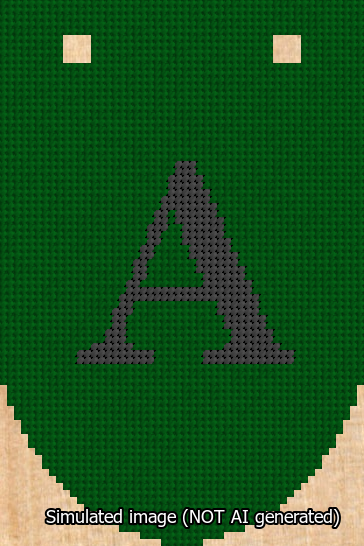 A simulated image of the stitched needlepoint design: Banner 13m Rounded A Black on Green. Not A.I. generated.