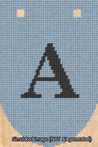 A simulated image of the stitched needlepoint design: Banner 13m Rounded A Black on Light Blue. Not A.I. generated.