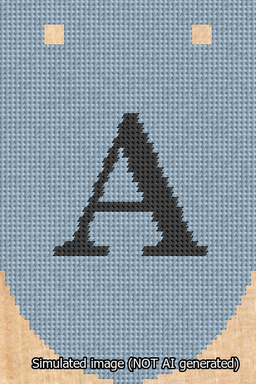 A simulated image of the stitched needlepoint design: Banner 13m Rounded A Black on Light Blue. Not A.I. generated.