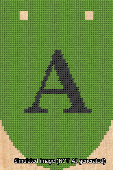 A simulated image of the stitched needlepoint design: Banner 13m Rounded A Black on Light Green. Not A.I. generated.