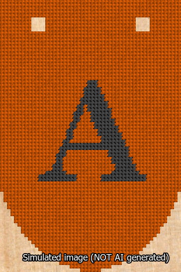 A simulated image of the stitched needlepoint design: Banner 13m Rounded A Black on Orange. Not A.I. generated.