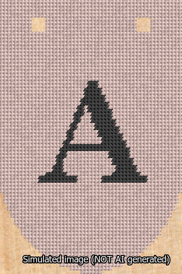 A simulated image of the stitched needlepoint design: Banner 13m Rounded A Black on Pink. Not A.I. generated.