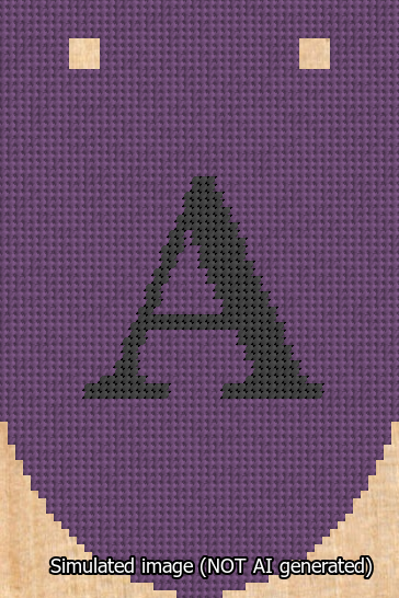 A simulated image of the stitched needlepoint design: Banner 13m Rounded A Black on Purple. Not A.I. generated.