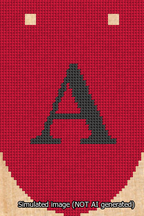 A simulated image of the stitched needlepoint design: Banner 13m Rounded A Black on Red. Not A.I. generated.