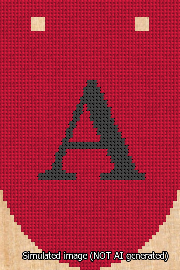 A simulated image of the stitched needlepoint design: Banner 13m Rounded A Black on Red. Not A.I. generated.