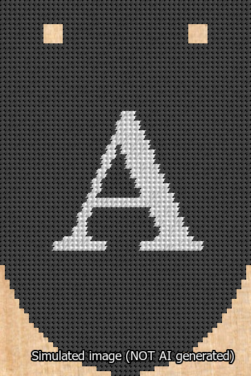 A simulated image of the stitched needlepoint design: Banner 13m Rounded A White on Black. Not A.I. generated.