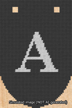 A simulated image of the stitched needlepoint design: Banner 13m Rounded A White on Black. Not A.I. generated.