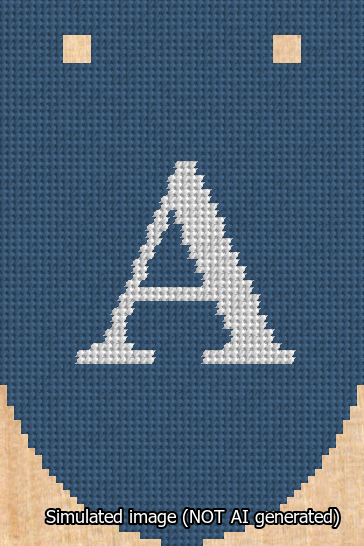 A simulated image of the stitched needlepoint design: Banner 13m Rounded A White on Blue. Not A.I. generated.