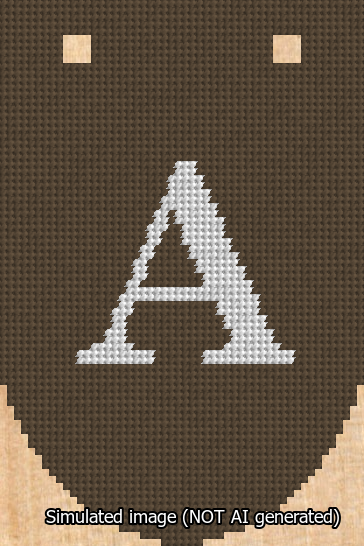 A simulated image of the stitched needlepoint design: Banner 13m Rounded A White on Brown. Not A.I. generated.